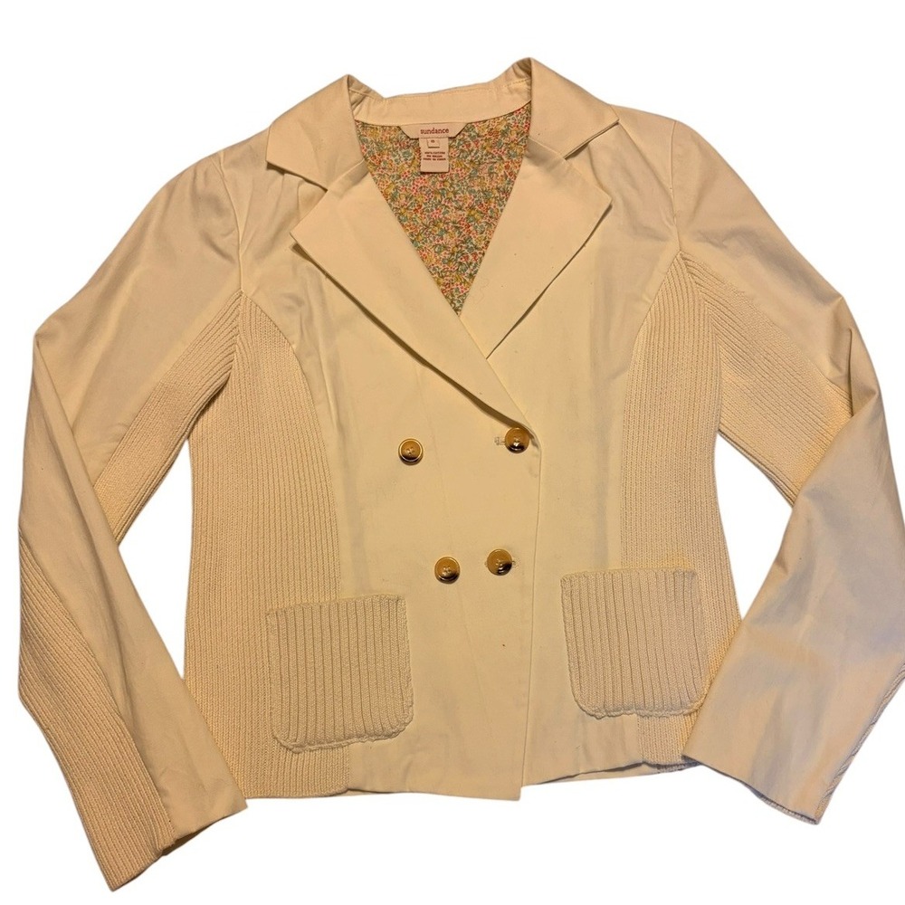 Sundance Ivory Double Breasted CottonMixed Sweater Material Knit Blazer Size 8